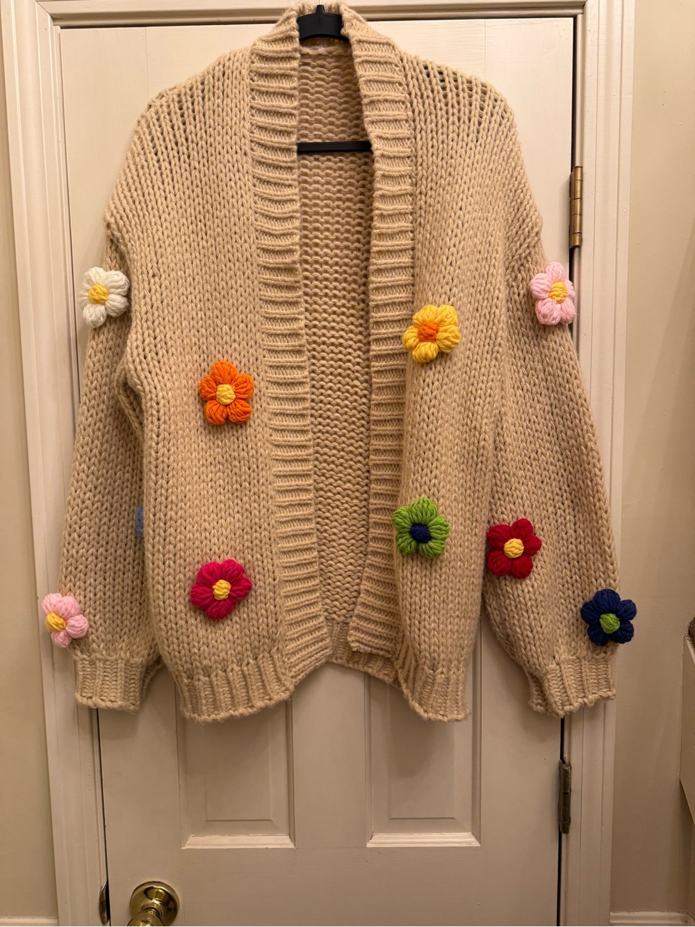 Chunky Knit Floral Appliqué Cardigan Sweater Beige